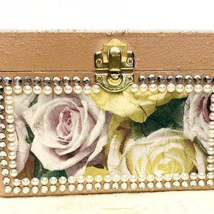 Handmade Decoupage Floral Art Box Lace Rhinestones NWT